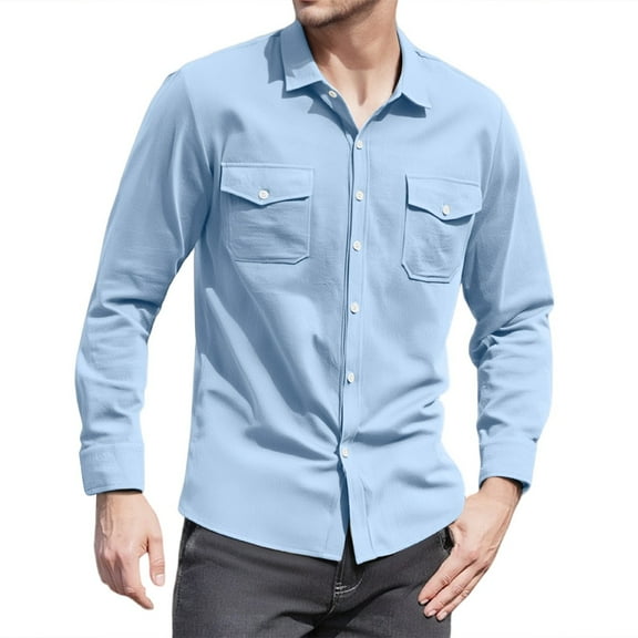 WTOBBY Men's Casual Long Sleeve Shirt Lapel Collar Button Front Pocket Classic Fit Breathable Cotton Blend Office Wear Business Casual Daily Top,Light Blue S