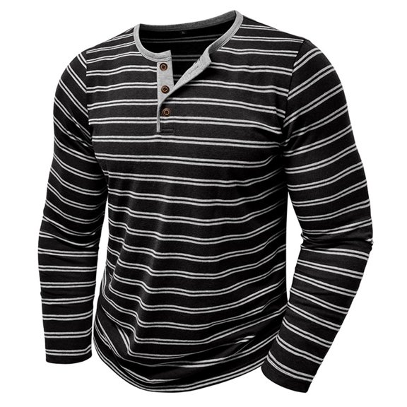 WTOBBY Men's Casual Long-Sleeve Shirt Striped Henley with Three-Button Design Relaxed Top for Spring and Fall Seasons Everyday Fashion,Black L
