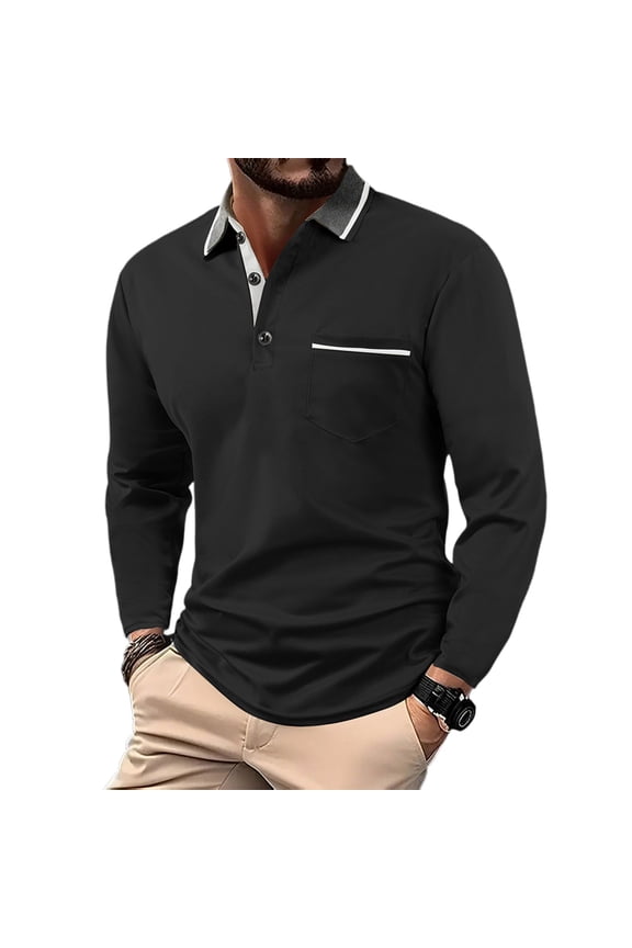Men's Casual Long Sleeve Shirt Turn-Down Collar, Button Pocket, Colorblock British Style, Daily Comfort T-Shirt for Smart Casual and Urban Wear,Black L
