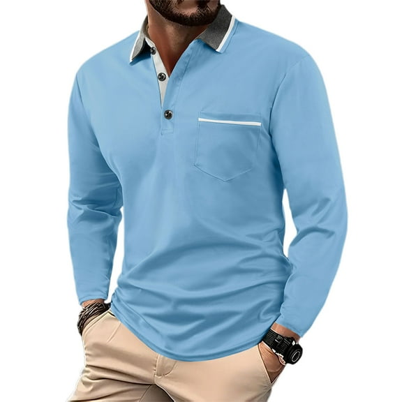 WTOBBY Men's Casual Long Sleeve Shirt Turn-Down Collar, Button Pocket, Colorblock British Style, Daily Comfort T-Shirt for Smart Casual and Urban Wear,Light Blue M