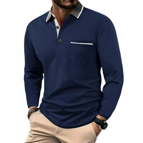 WTOBBY Men's Casual Long Sleeve Shirt Turn-Down Collar, Button Pocket, Colorblock British Style, Daily Comfort T-Shirt for Smart Casual and Urban Wear,Navy XL