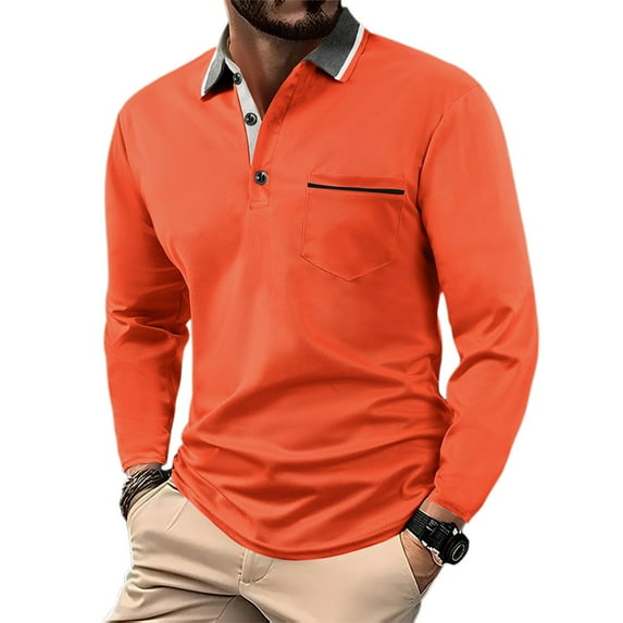 WTOBBY Men's Casual Long Sleeve Shirt Turn-Down Collar, Button Pocket, Colorblock British Style, Daily Comfort T-Shirt for Smart Casual and Urban Wear,Saffron L