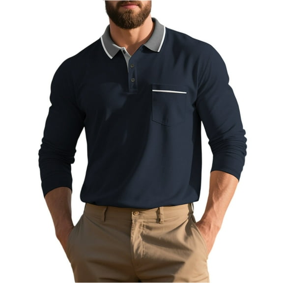 WTOBBY Men's Casual Long-Sleeve T-Shirt with Turn-Down Collar, Button Pocket Colorblock British Style, Breathable Quick-Dry Fabric for Daily Wear and Business Casual,Navy M