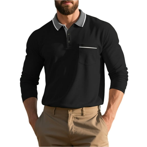 WTOBBY Men's Casual Long-Sleeve T-Shirt with Turn-Down Collar, Button Pocket Colorblock British Style, Breathable Quick-Dry Fabric for Daily Wear and Business Casual,Black M