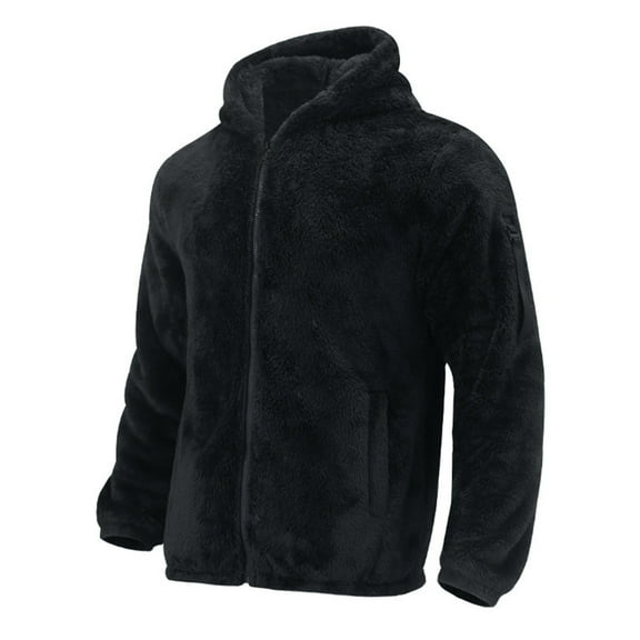 WTOBBY Men's Casual Loose Double-Faced Fleece Jacket, Solid Color Zipper Hooded Plush Warm Coat for Winter, Soft and Lightweight for Daily and Outdoor Activities,Black XL