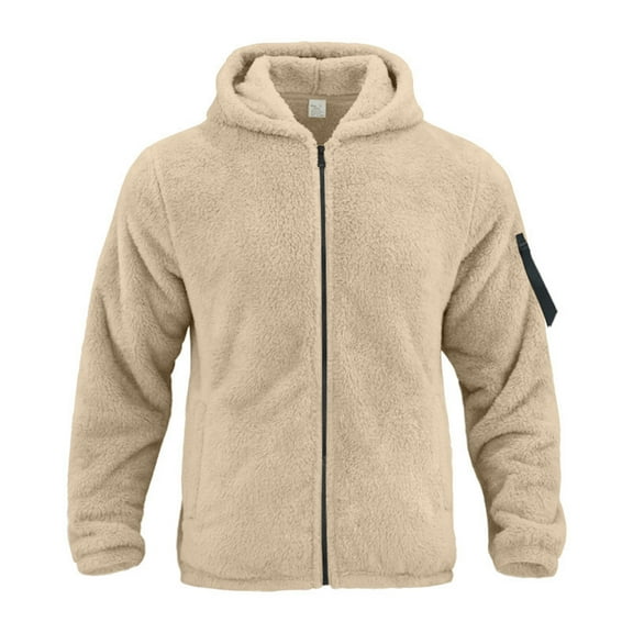 WTOBBY Men's Casual Loose Double-Faced Fleece Jacket, Solid Color Zipper Hooded Plush Warm Coat for Winter, Soft and Lightweight for Daily and Outdoor Activities,Khaki M