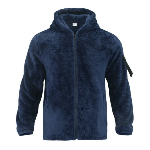 WTOBBY Men's Casual Loose Double-Faced Fleece Jacket, Solid Color Zipper Hooded Plush Warm Coat for Winter, Soft and Lightweight for Daily and Outdoor Activities,Navy 3XL