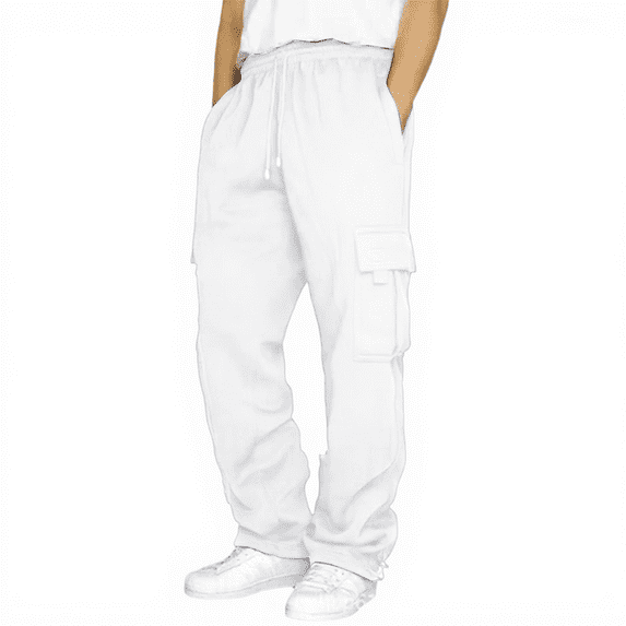 WTOBBY Men's Casual Loose-Fit Work Pants with Multiple Pockets Outdoor Sports Comfortable Durable Utility Men's Trousers,White 2XL
