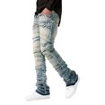 thumbnail image 1 of WTOBBY Men's Casual Mid-Rise Washed Retro Straight Slim Fashion Jeans, Distressed and Perforated Design for Stylish Wear, Comfortable Denim Trousers,Blue XL, 1 of 4