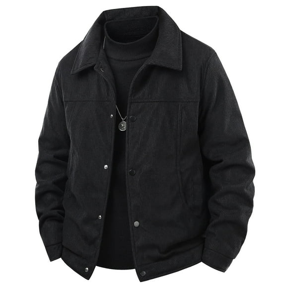 WTOBBY Men's Casual Multi-Pocket Corduroy Jacket, Zip Up Lapel Top, Vintage Style Workwear Outerwear for Daily Street Fashion,Black 2XL