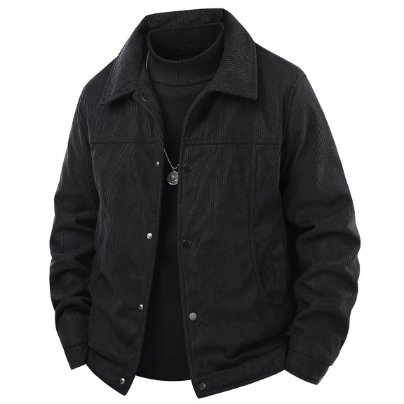 WTOBBY Men's Casual Multi-Pocket Corduroy Jacket, Zip Up Lapel Top, Vintage Style Workwear Outerwear for Daily Street Fashion,Black 3XL