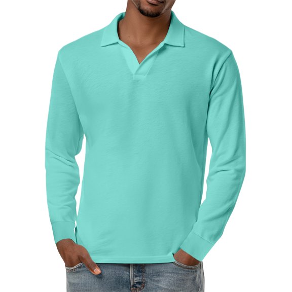 WTOBBY Men's Casual Retro Small V-Neck Long Sleeve Top in Solid Color, Vintage Inspired Design for Everyday Relaxed and Stylish Wear,Light Blue S