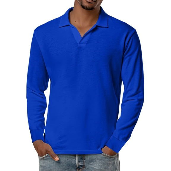 WTOBBY Men's Casual Retro Small V-Neck Long Sleeve Top in Solid Color, Vintage Inspired Design for Everyday Relaxed and Stylish Wear,Royal Blue S