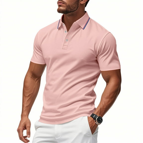 WTOBBY Men's Casual Short Sleeve Polo Shirt Breathable, Quick Dry Fabric, Business Casual Collared Shirt for Men, Lightweight Moisture Wicking Top for Everyday Wear,Pink XL