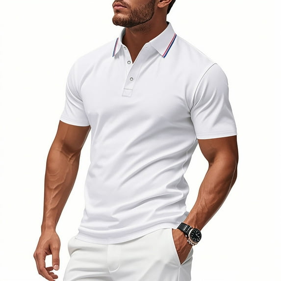 WTOBBY Men's Casual Short Sleeve Polo Shirt Breathable, Quick Dry Fabric, Business Casual Collared Shirt for Men, Lightweight Moisture Wicking Top for Everyday Wear,White L