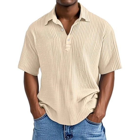 WTOBBY Men's Casual Short-Sleeve Shirt with Collar and Buttons Solid Color, Lightweight, Breathable, and Versatile Stylish Top for Men, Perfect for Business, Casual,Beige L