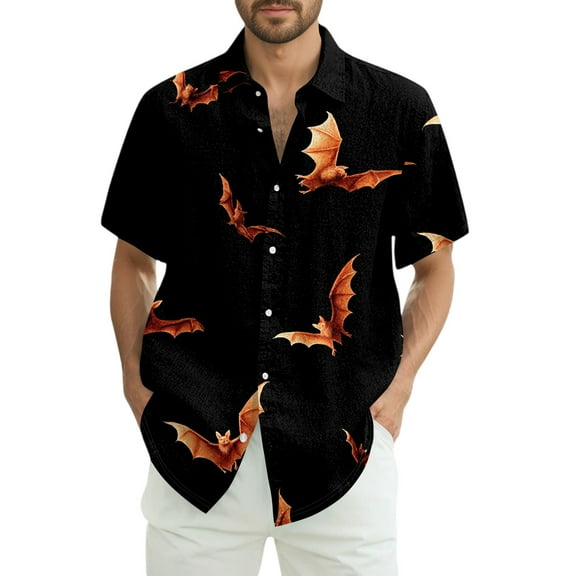 WTOBBY Men's Casual Short Sleeve Shirt Halloween Pumpkin Print Loose Fit Crew Neck Cotton Blend Daily Wear Breathable Party Graphic Tee Holiday Theme,Earthy Yellow L