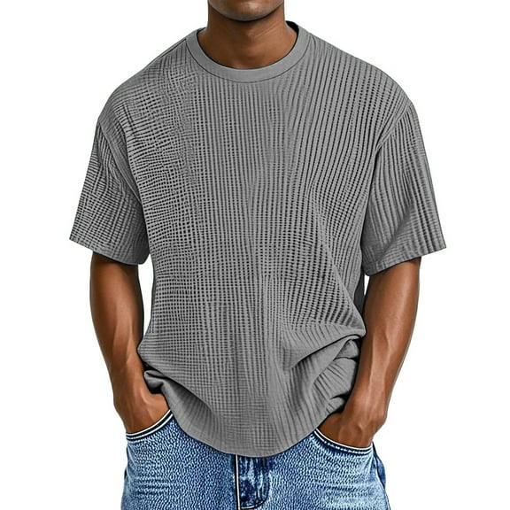 WTOBBY Men's Casual Short Sleeve T-Shirt Waffle Texture, Breathable Round Neck, Comfort Fit, Solid Color Top for Men, Ideal for Daily Casual and Lounge Wear,Gray M