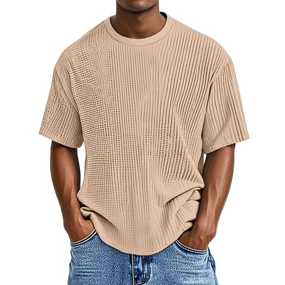 WTOBBY Men's Casual Short Sleeve T-Shirt Waffle Texture, Breathable Round Neck, Comfort Fit, Solid Color Top for Men, Ideal for Daily Casual and Lounge Wear,Khaki M