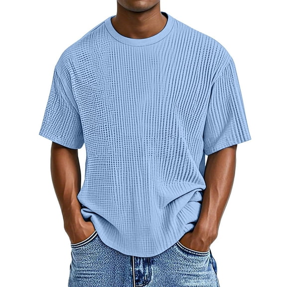 WTOBBY Men's Casual Short Sleeve T-Shirt Waffle Texture, Breathable Round Neck, Comfort Fit, Solid Color Top for Men, Ideal for Daily Casual and Lounge Wear,Light Blue L