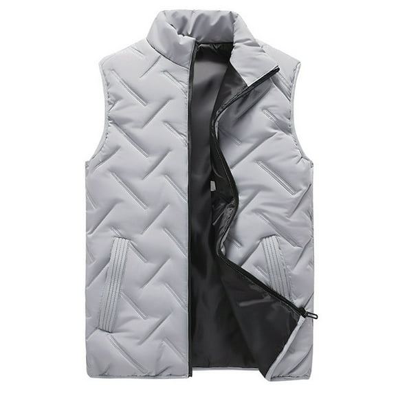 WTOBBY Men's Casual Solid-Color Embossed Down Cotton Vest, Loose Stand-Up Collar Thickened Coat for Winter, Lightweight and Warm for Outdoor and Casual Use,Light Gray 2XL