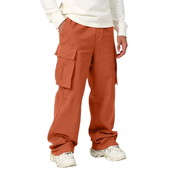 WTOBBY Men's Casual Sports Pants Loose Leggings Long Panel Fitness Running Training Trousers with Multiple Pockets Outdoor Work Pants,Saffron M