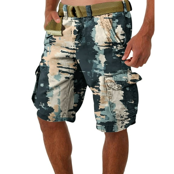WTOBBY Men's Casual Summer Shorts with Camouflage Print, Loose Fit Work Style, Large Size, Multi-Pocket Utility, 5-Inch Mid-Length, No Belt Needed for Easy Wear,Army Green S