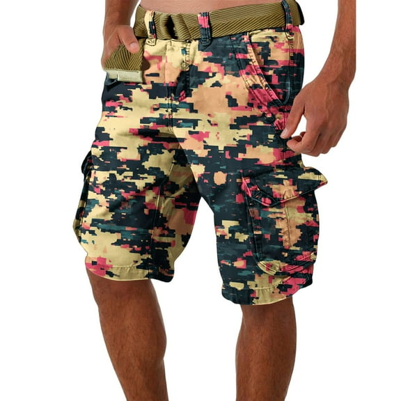 WTOBBY Men's Casual Summer Shorts with Camouflage Print, Loose Fit Work Style, Large Size, Multi-Pocket Utility, 5-Inch Mid-Length, No Belt Needed for Easy Wear,Light pink L