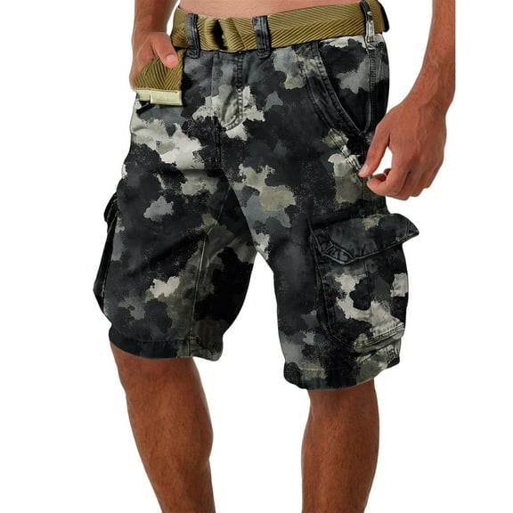 WTOBBY Men's Casual Summer Shorts with Camouflage Print, Loose Fit Work Style, Large Size, Multi-Pocket Utility, 5-Inch Mid-Length, No Belt Needed for Easy Wear,Navy S