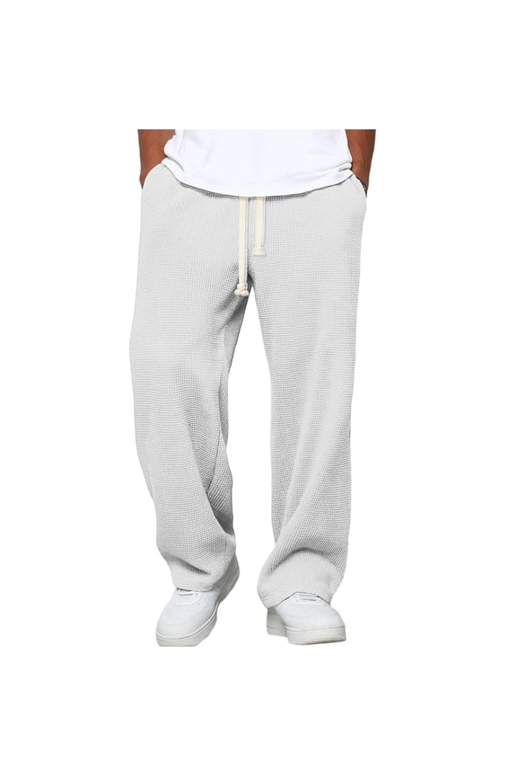 Men's Casual Waffle Knit Pants, Relaxed Fit with Elastic Waist and Drawstring for Daily Wear, Comfortable and Versatile for Lounge and Outdoor Activities,White S