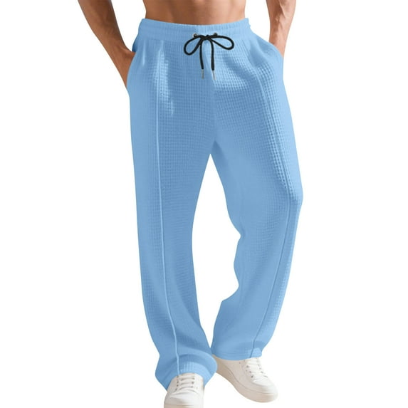 WTOBBY Men's Casual Waffle Knit Sports Pants, Solid Color Elastic Waist with Pockets, Comfortable Lounge Joggers for Men, Relaxed Fit,Light Blue 3XL