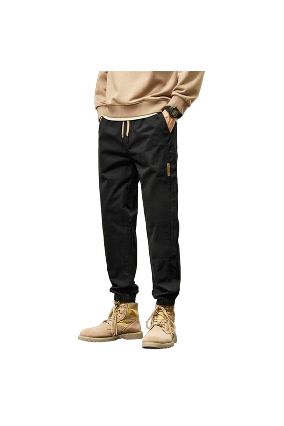 Men's Casual Work Pants, Relaxed-Fit Cotton Blend Cuffed Harem Joggers with Multiple Pockets, Comfortable Streetwear Trousers for Daily Wear,Black S