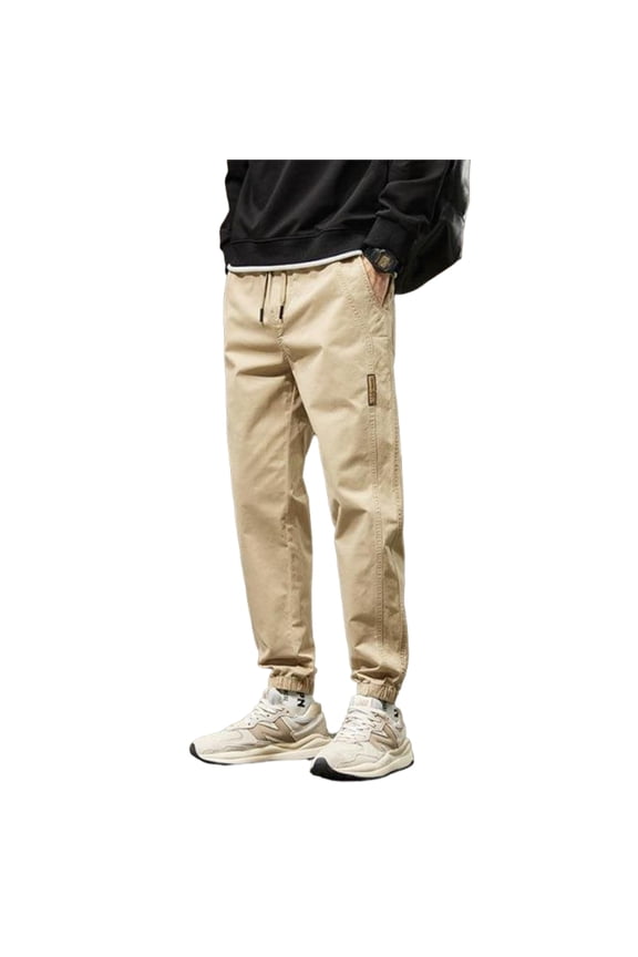 Men's Casual Work Pants, Relaxed-Fit Cotton Blend Cuffed Harem Joggers with Multiple Pockets, Comfortable Streetwear Trousers for Daily Wear,Khaki L
