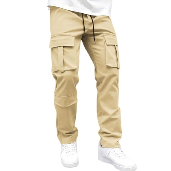 WTOBBY Men's Casual Workout Joggers Cargo Pants with Drawstring Multi-Pockets Baggy Loose Fit Hiking Track Sweatpants for Gym Outdoor Sports Comfortable Men's Trousers,Khaki S