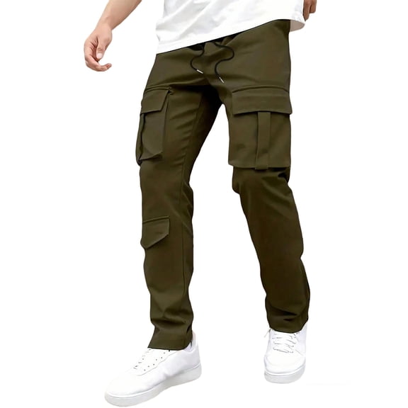 WTOBBY Men's Casual Workout Joggers Cargo Pants with Drawstring Multi-Pockets Baggy Loose Fit Hiking Track Sweatpants for Gym Outdoor Sports Comfortable Men's Trousers,Army Green L