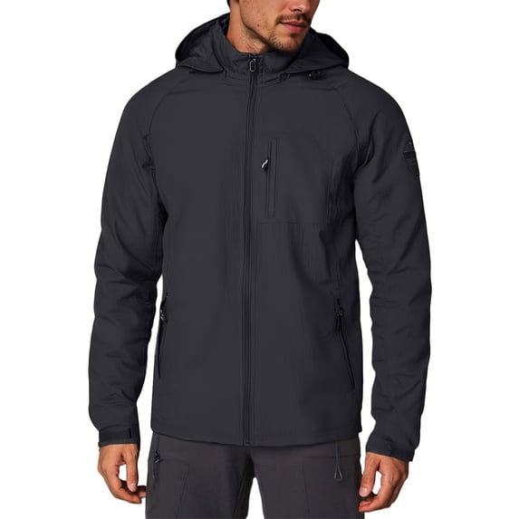 WTOBBY Men's Casual Zip Front Hooded Jacket, Outdoor-Ready Water-Resistant Windbreaker with Utility Pockets, Lightweight Layering Piece for All Seasons,Black 3XL