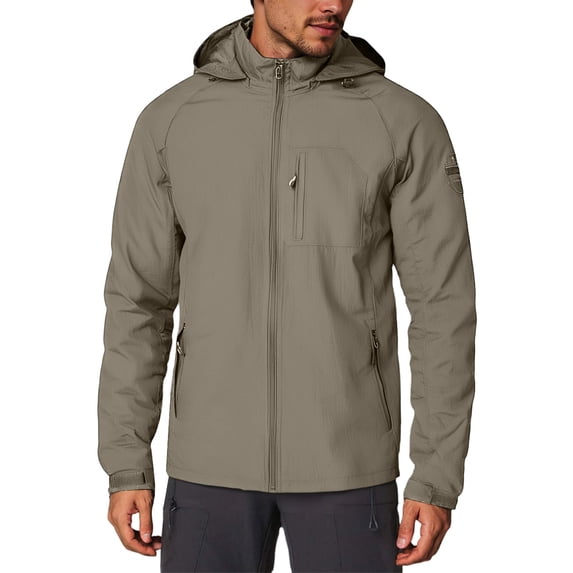 WTOBBY Men's Casual Zip Front Hooded Jacket, Outdoor-Ready Water-Resistant Windbreaker with Utility Pockets, Lightweight Layering Piece for All Seasons,Khaki L