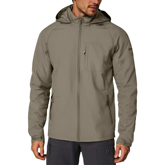 WTOBBY Men's Casual Zip Front Hooded Jacket, Outdoor-Ready Water-Resistant Windbreaker with Utility Pockets, Lightweight Layering Piece for All Seasons,Khaki L