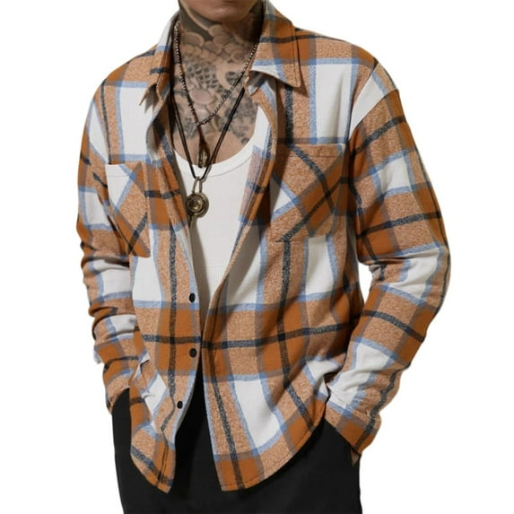 WTOBBY Men's Checkered Flannel Shirt Long Sleeve Turn-Down Collar Double Pocket Button Front Casual Versatile Dress Relaxed Fit Workwear Top,Khaki L