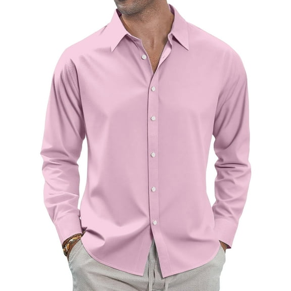 WTOBBY Men's Classic Button-Down Long Sleeve Shirt in Loose Fit, Timeless Design for Casual and Business Casual Occasions and Comfort,Pink M