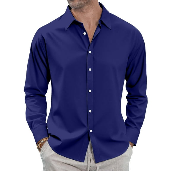 WTOBBY Men's Classic Button-Down Long Sleeve Shirt in Loose Fit, Timeless Design for Casual and Business Casual Occasions and Comfort,Royal Blue M