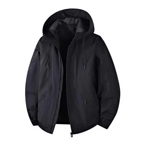 WTOBBY Men's Color-Block Hooded Work Jacket, Waterproof and Windproof Down Coat with Zippered Pockets for Outdoor Activities and Everyday Wear,Black L