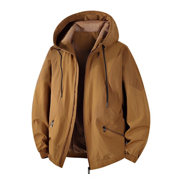 WTOBBY Men's Color-Block Hooded Work Jacket, Waterproof and Windproof Down Coat with Zippered Pockets for Outdoor Activities and Everyday Wear,Coffee 2XL
