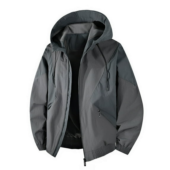 WTOBBY Men's Color-Block Hooded Work Jacket, Waterproof and Windproof Down Coat with Zippered Pockets for Outdoor Activities and Everyday Wear,Dark Gray M