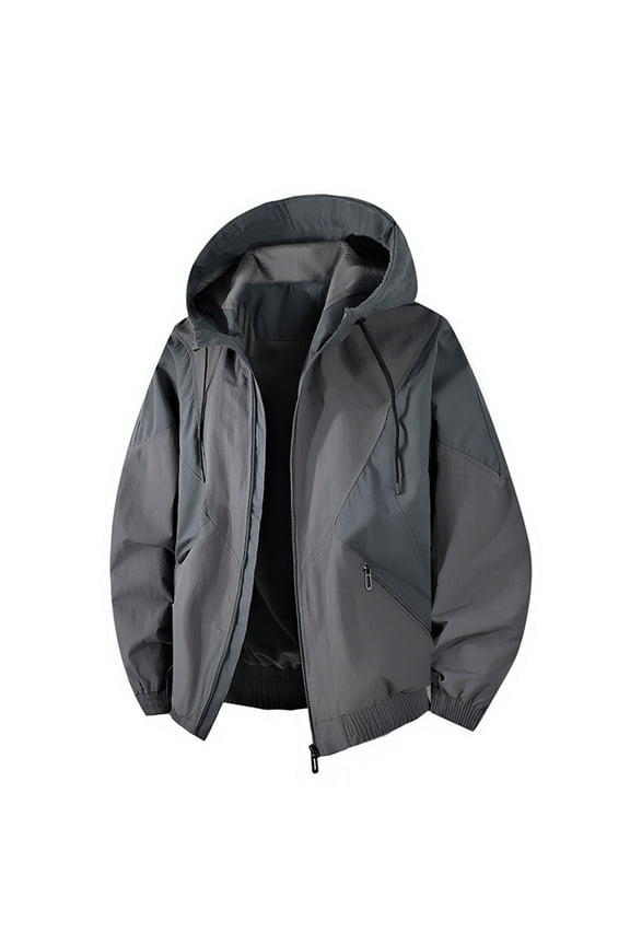 Men's Color-Block Hooded Work Jacket, Waterproof and Windproof Down Coat with Zippered Pockets for Outdoor Activities and Everyday Wear,Dark Gray XL