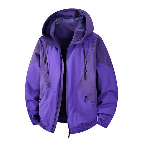 WTOBBY Men's Color-Block Hooded Work Jacket, Waterproof and Windproof Down Coat with Zippered Pockets for Outdoor Activities and Everyday Wear,Purple L