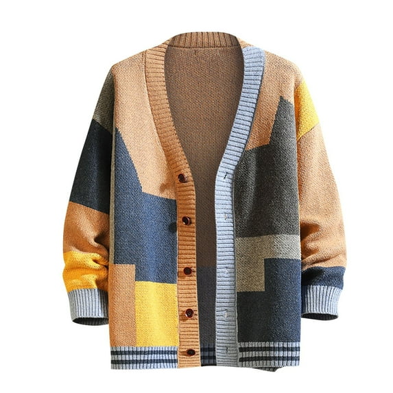 WTOBBY Men's Color Block Sweater Cardigan, Fall V-Neck Knit Jacket with Plaid Pattern, Oversized Fit Cozy Layering Piece for Cool Weather,Khaki L