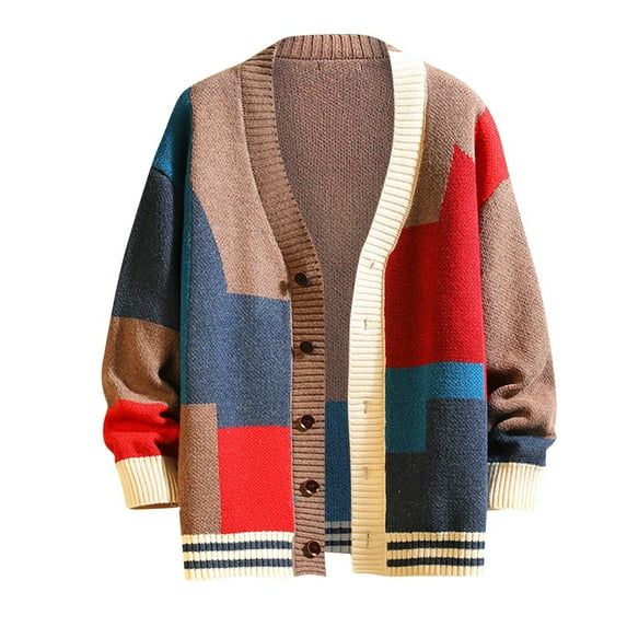 WTOBBY Men's Color Block Sweater Cardigan, Fall V-Neck Knit Jacket with Plaid Pattern, Oversized Fit Cozy Layering Piece for Cool Weather,Red 2XL