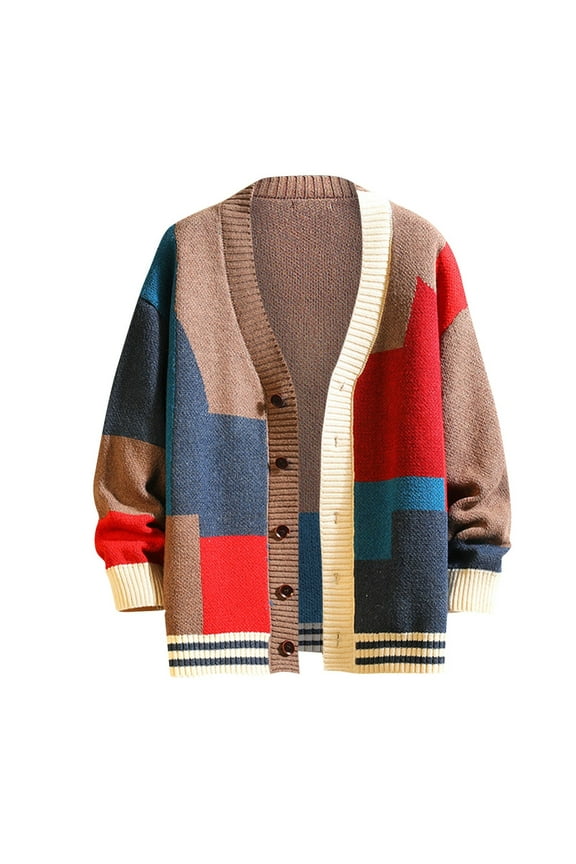 Men's Color Block Sweater Cardigan, Fall V-Neck Knit Jacket with Plaid Pattern, Oversized Fit Cozy Layering Piece for Cool Weather,Red L