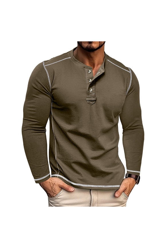 Men's Color Block Versatile Long Sleeve Henley Shirt Retro T-Shirt Casual Bottom Layering Top for Men in Everyday Fashion and Comfort,Army Green M